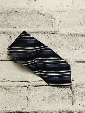 J Ferrar Blue Black Striped Silk Tie 3” Classic Mens Necktie